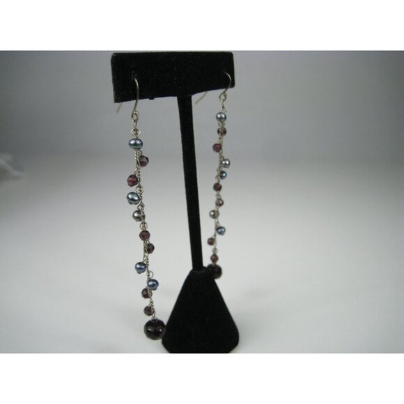 Long Dangling Earrings Garnet Faceted Stone Beads Pearls Silver Chain Dangle - Picture 7 of 9